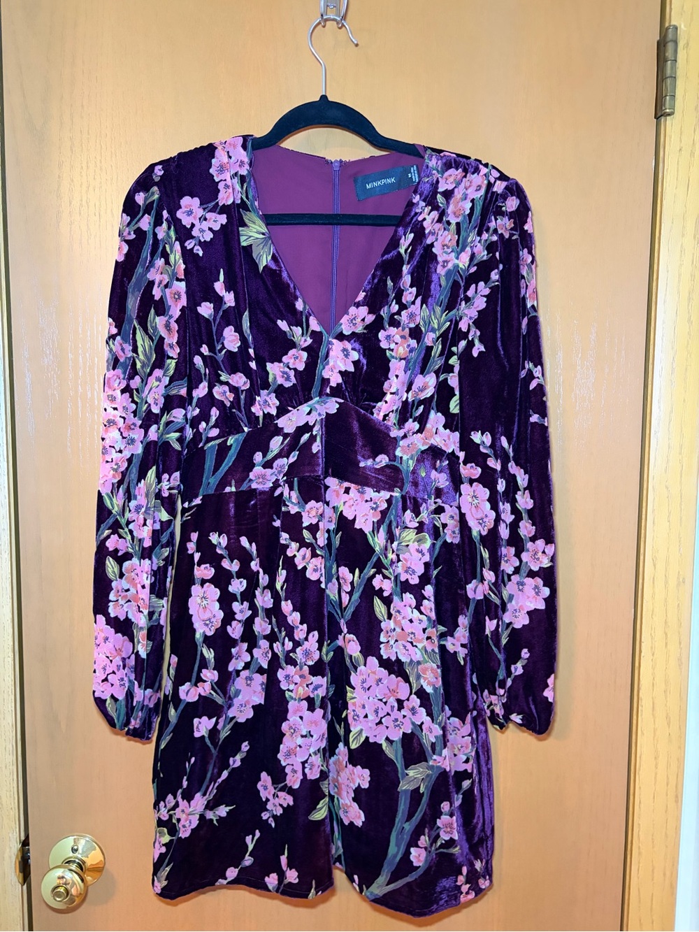 MINKPINK Velvet Floral Long Sleeve Mini Dress - Purple/Burgundy w/Pink Flowers